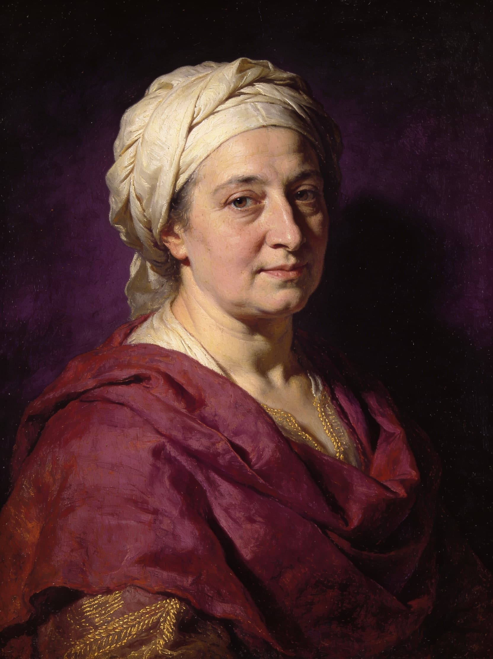 Hand-embroidered portrait, carmine drapery